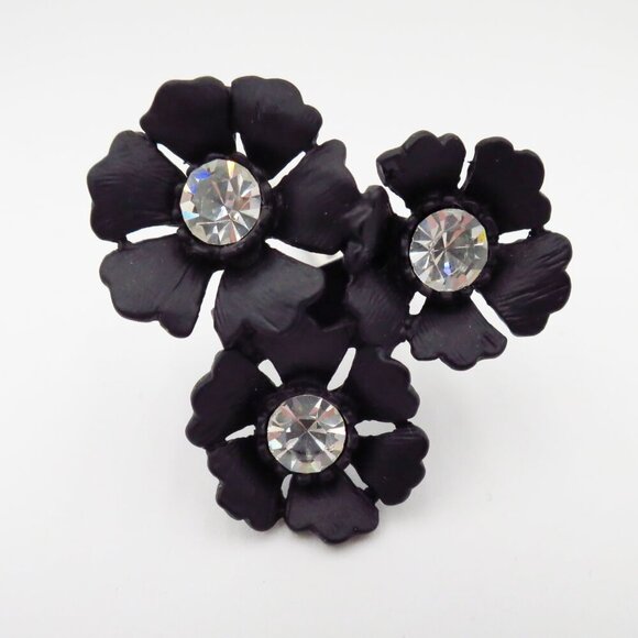 NWT J. Crew Dogwood Blossom Matte Black with Gems Cocktail Ring Size M - Picture 2 of 16
